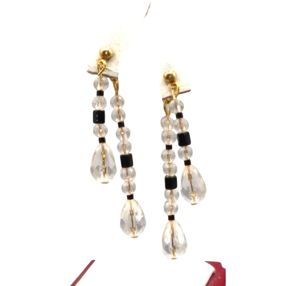 Elegant Double Crystal Teardrop Earrings, Clear and Black Glass Beads have Long